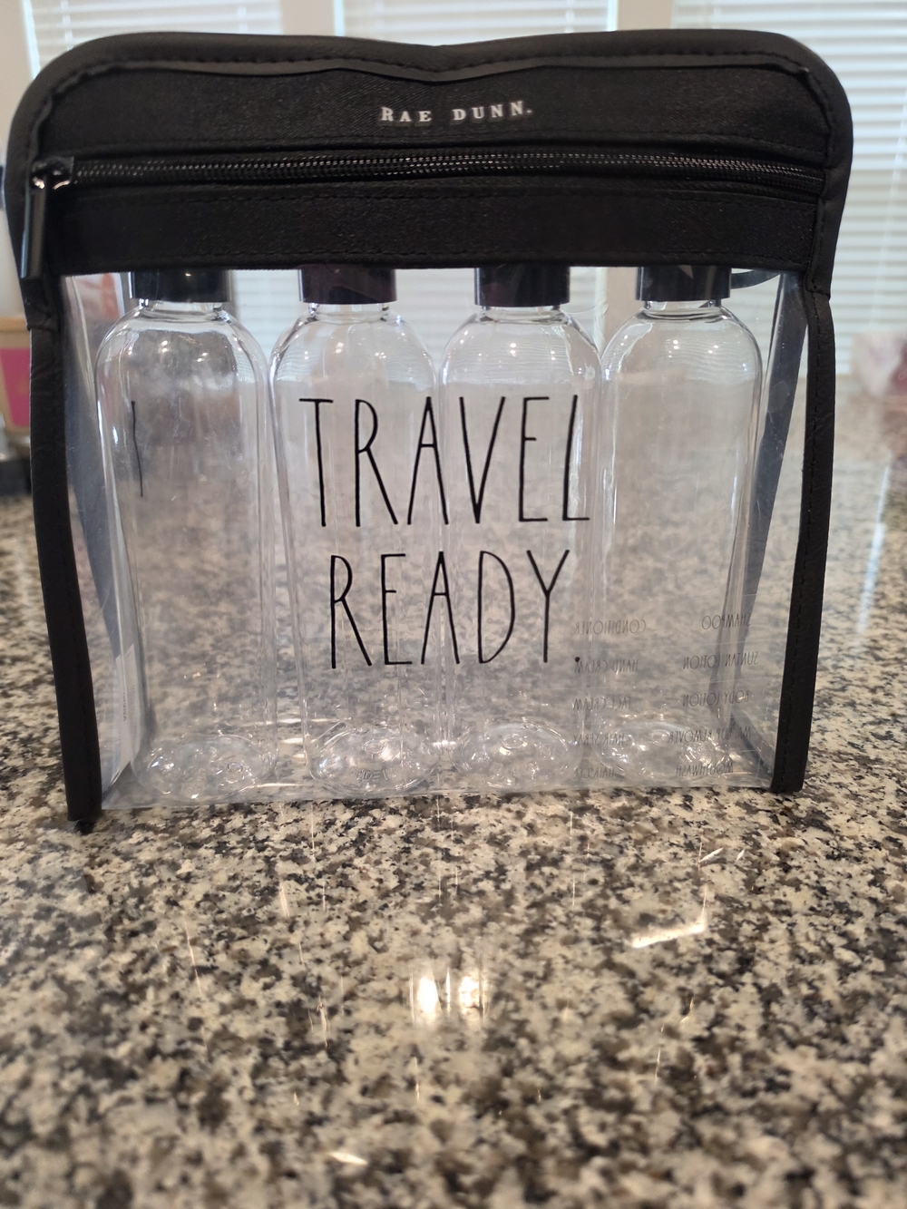 Rae Dunn "Travel Ready" Clear Travel Bottle Set - Black Trim